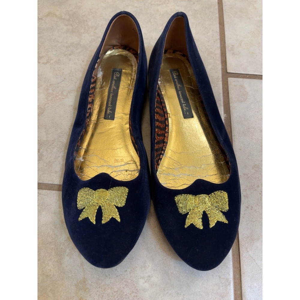 But Another Innocent Tale Navy Velvet Gold Bow Ballet Flats Slip On Womens 9